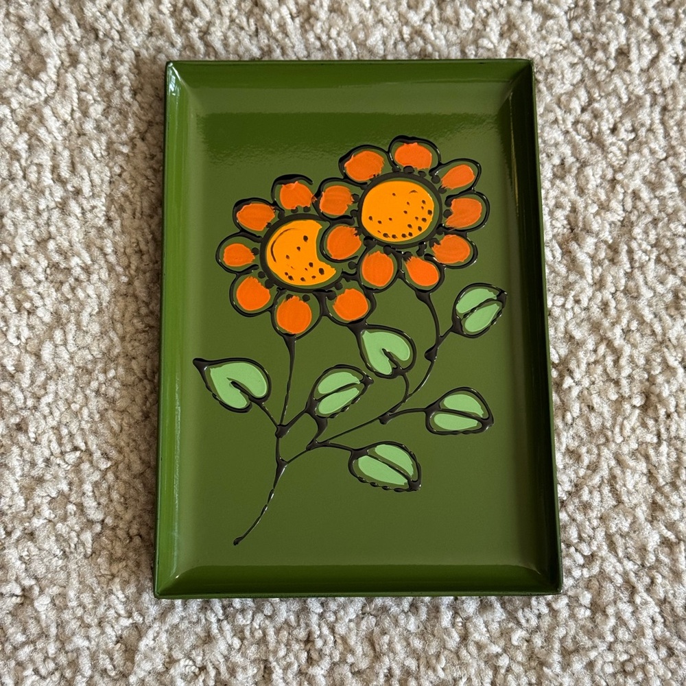 Vintage Tray Green Floral with Orange Flowers